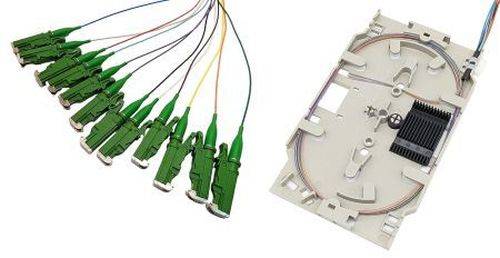 Tecline LWL Spleißkassette mit 12x Faserpigtail OS2, farbig, LSH/APC 8°, 2,0 m, 12 Stück