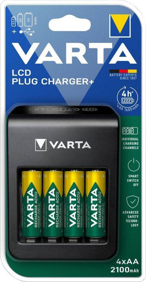 VARTA Akku-Ladegerät LCD Plug Charger+, mit 4x Akku AA (2100 mAh)
