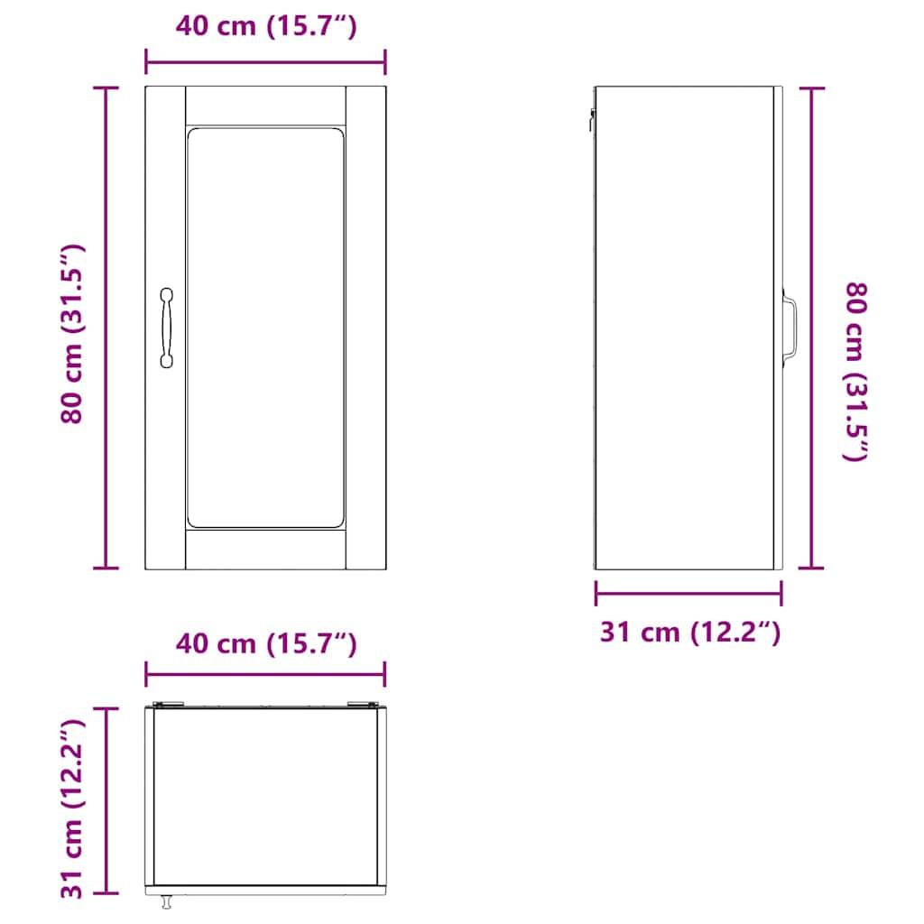 Drei Ansichten eines rechteckigen Schranks: Frontansicht mit 80 cm Höhe, 40 cm Breite; Seitenansicht mit 31 cm Tiefe; Draufsicht.