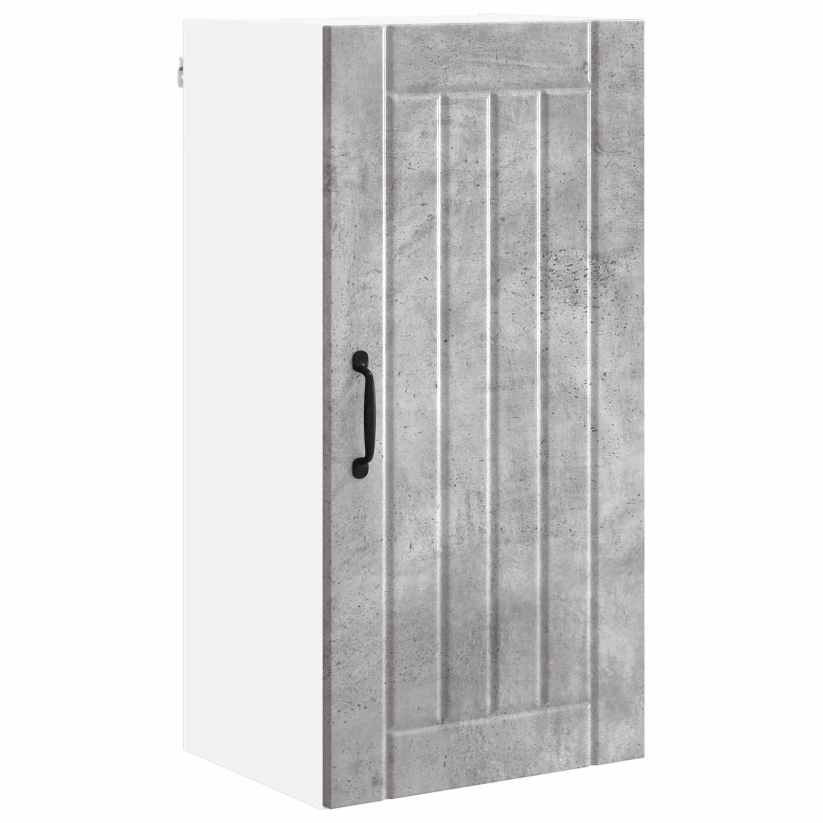 Ein vertikaler rechteckiger Schrank mit einer Tür mit Betonstruktur, vertikaler Panelgestaltung und schwarzem Griff, vor einem einfarbigen weißen Hintergrund.
