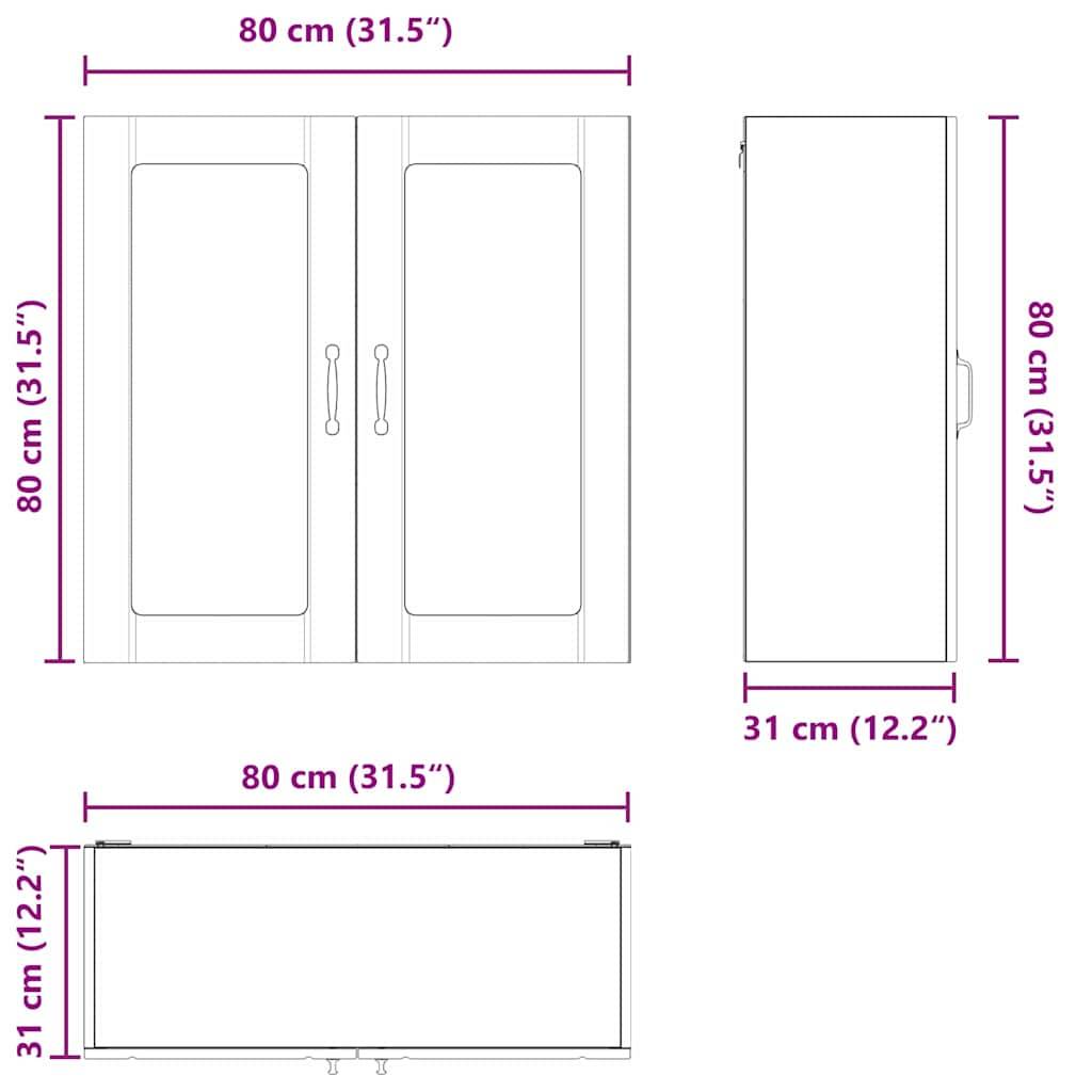 Abmessungen des Schranks: Frontansicht zeigt Doppeltüren, 80 cm breit und 80 cm hoch. Seitenansicht Tiefe beträgt 31 cm. Draufsicht Breite ist 80 cm.