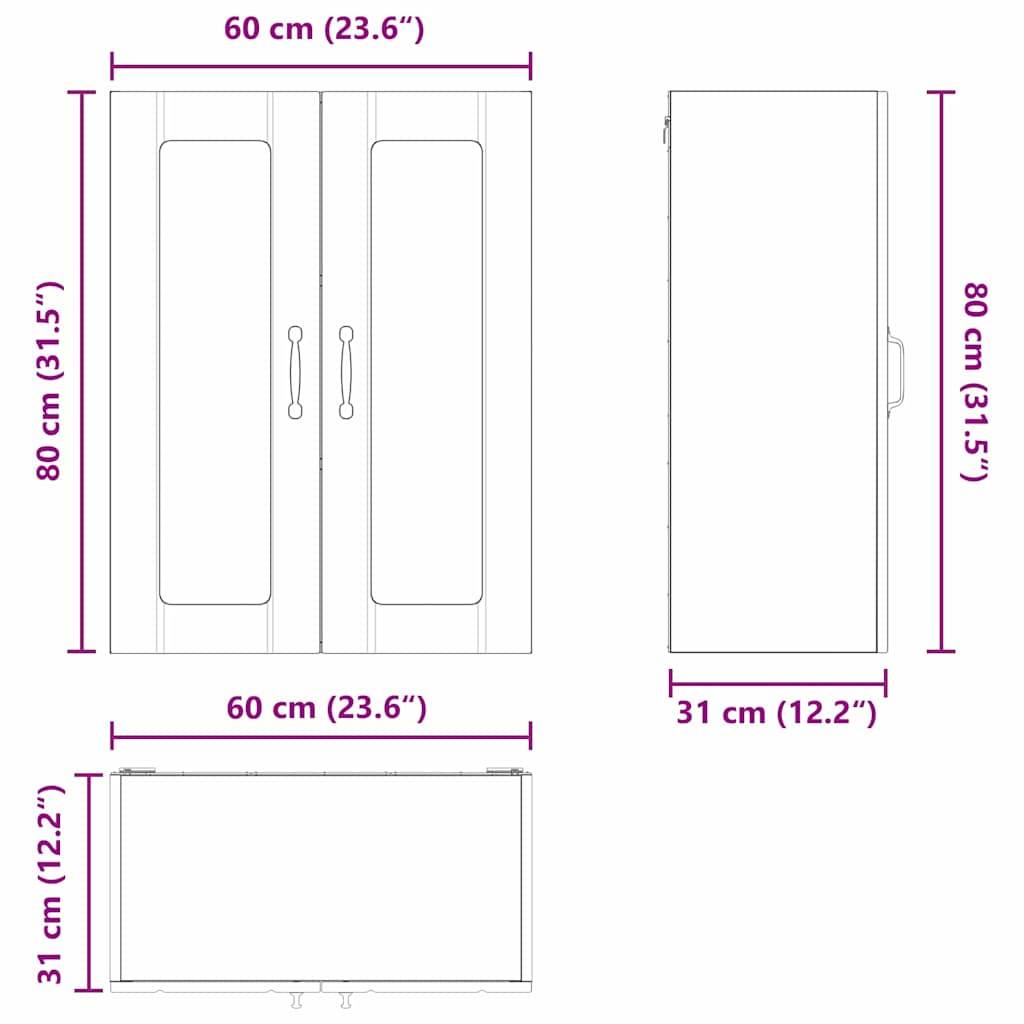 Maße und Ansichten eines Schranks: Höhe 80 cm, Breite 60 cm, Tiefe 31 cm. Front-, Seiten- und Draufsicht sind mit Maßangaben dargestellt.