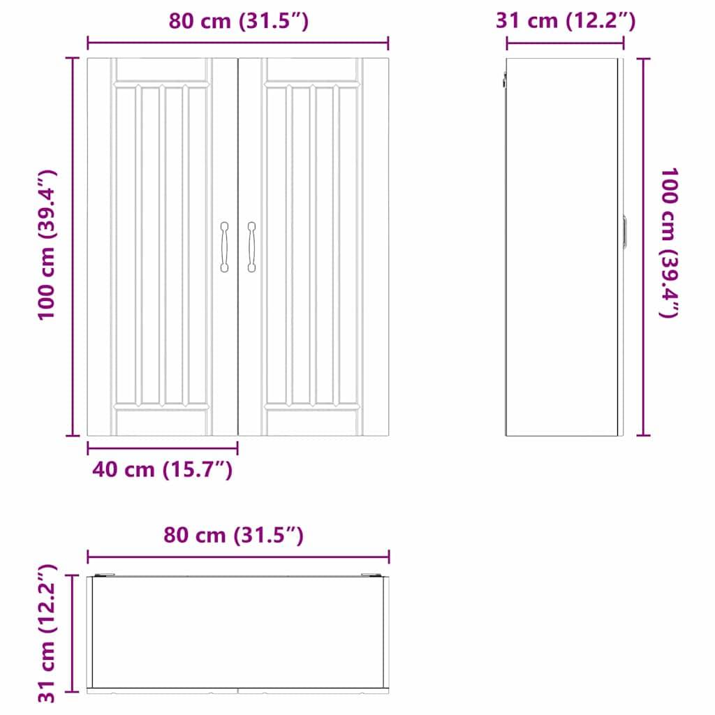 Diagramm eines Schranks mit Abmessungen: Frontansicht 80 cm breit und 100 cm hoch, Seitenansicht mit einer Tiefe von 31 cm. Maße in Zoll angegeben.