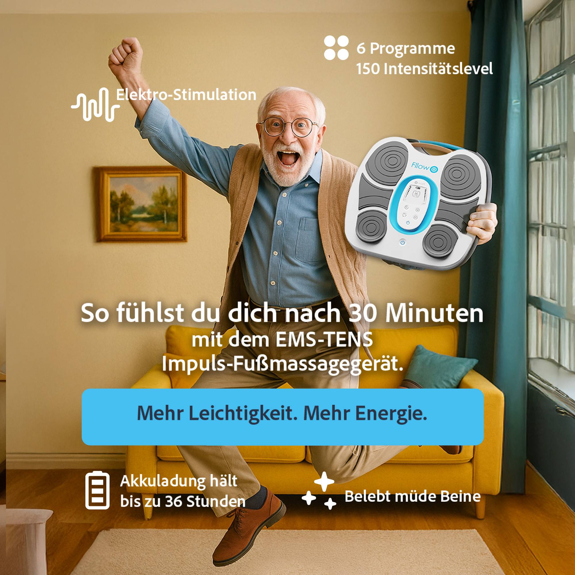 Fllow EMS-Tens Fußmassagegerät - Smarte Impulstherapie mit Elektrostimulation zur Durchblutungsförderung - 150 Stufen - kabellos - mit Arthro-Pads