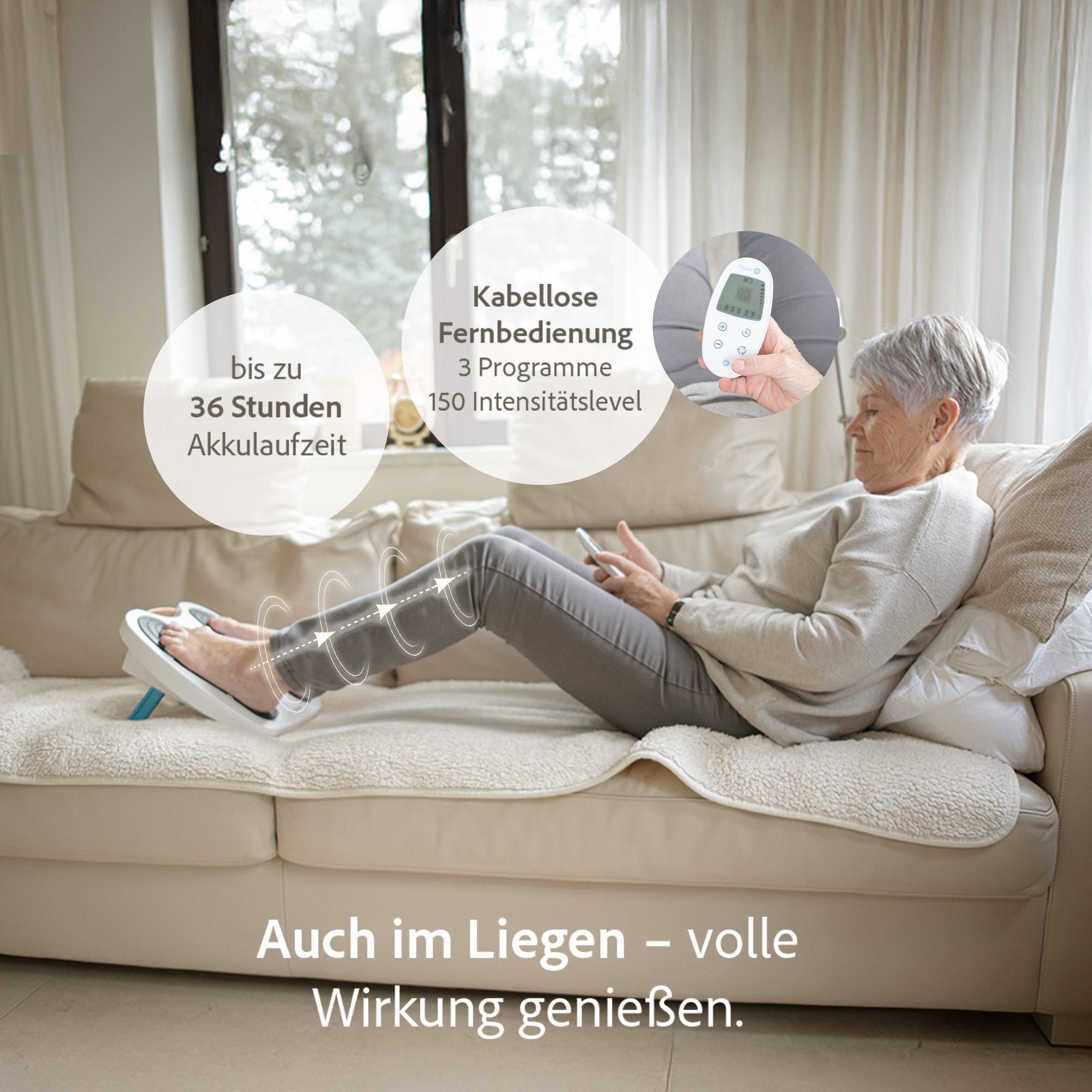 Fllow EMS-Tens Fußmassagegerät - Smarte Impulstherapie mit Elektrostimulation zur Durchblutungsförderung - 150 Stufen - kabellos - mit Arthro-Pads