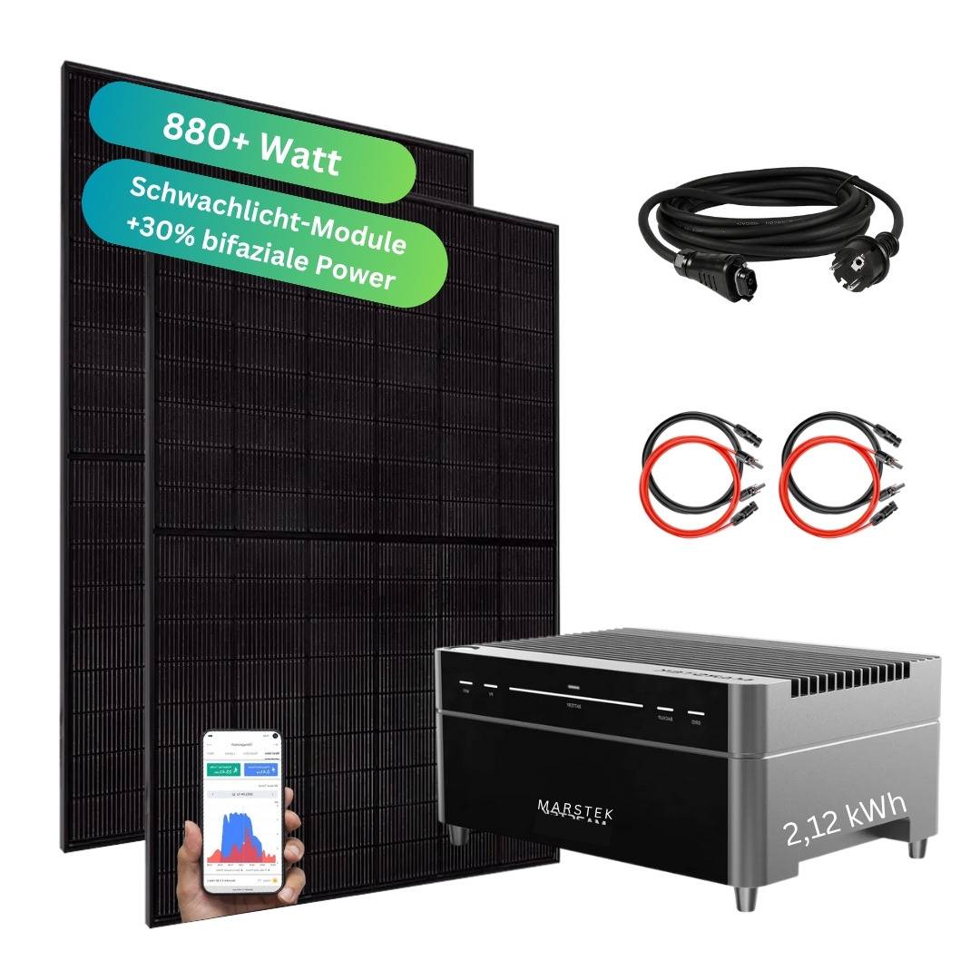 MYVOLTAICS Balkonkraftwerk 880 Watt mit Speicher Marstek Venus A 2,12 kW, aufrüstbar, Nulleinspeisung + Notstrom möglich