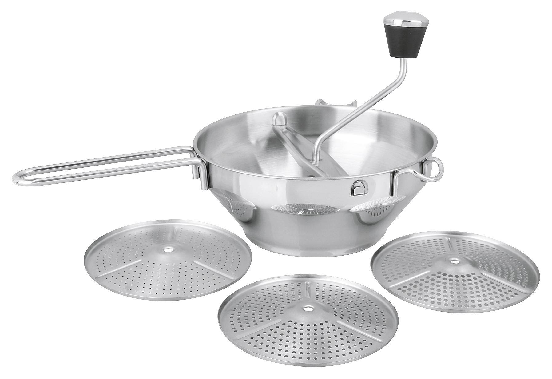 Eine Küchenmaschine aus Edelstahl mit Griff und austauschbaren Siebscheiben zum Pürieren, Sieben und Mahlen von Lebensmitteln in der Küche.
