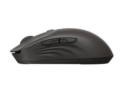 Eine schwarze kabellose Computermaus mit zwei seitlichen Tasten, die für ergonomisches Handling entwickelt wurde.