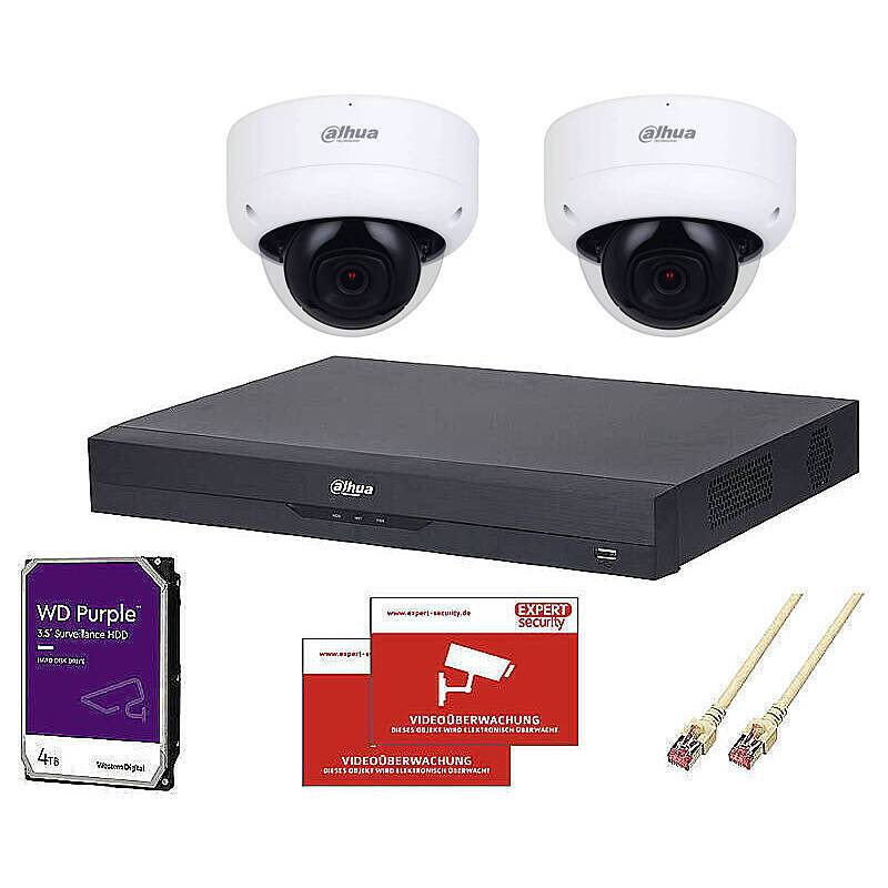 Dahua Set IP 2x Dome 1080p PoE + 8-CH NVR, Set-Inhalt:2x Aufkleber, NVR Rekorder, 4 TB Festplatte, 2x Dome Kamera, 2x 3