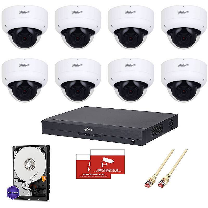 Dahua Set IP 8x Dome 1080p PoE + 16-CH NVR, Set-Inhalt:2x Aufkleber, NVR Rekorder, 8x Dome Kamera, 2x 4TB Festplatte, 8