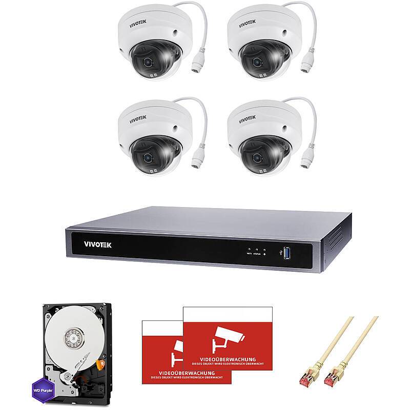 Überwachungssystem: umfasst drei Kuppelkameras, einen Rekorder, zwei Warnaufkleber, eine Festplatte und zwei Verbindungskabel.