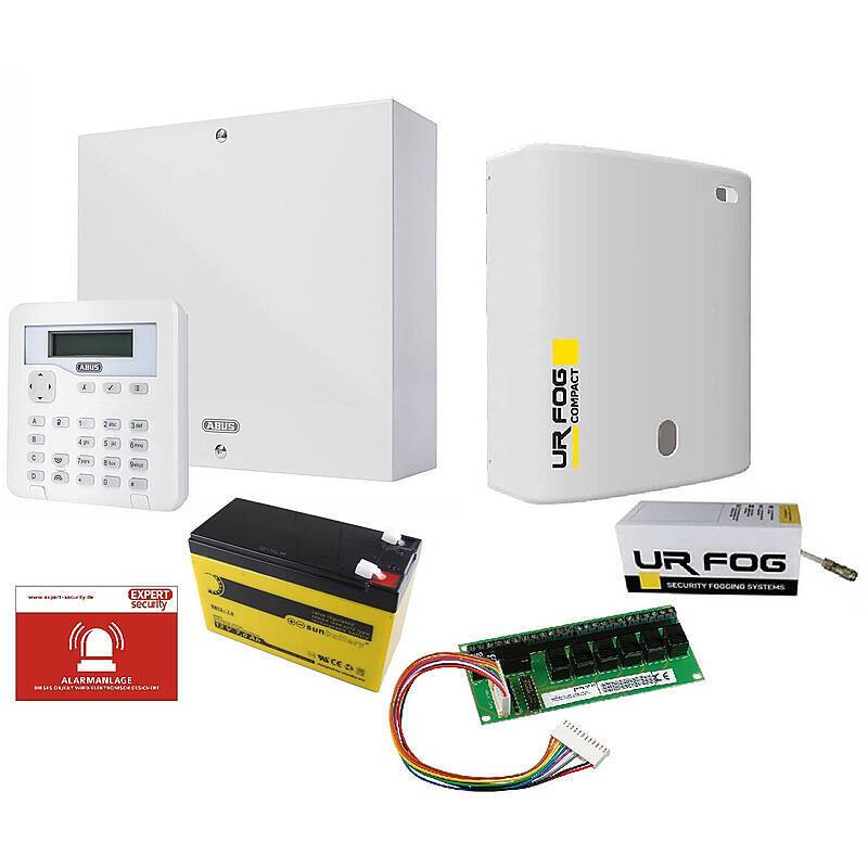 Sicherheitssystemkomponenten einschließlich eines Bedienfeldes, Steuerungsbox, Batterie, Nebelgenerators, Leiterplatte, Rauchflüssigkeit und Installationsaufkleber.