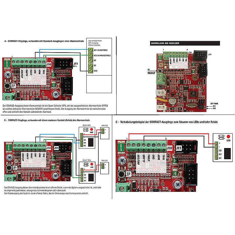 Diagramm mit vier Verdrahtungsbeispielen für ein KOMPAKT-Relais. Jeder Abschnitt zeigt unterschiedliche Konfigurationen für die Verbindung von Relais oder LEDs.