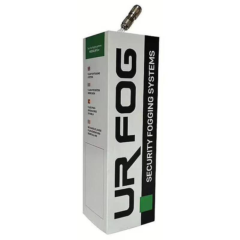 Sicherheits-Nebelgenerator-Gerät von UR Fog mit dem Text 'Sicherheits-Nebelsysteme', '15 Sekunden Dampfaustritt', und 'Chemikalie ohne Öl' an der Seite.