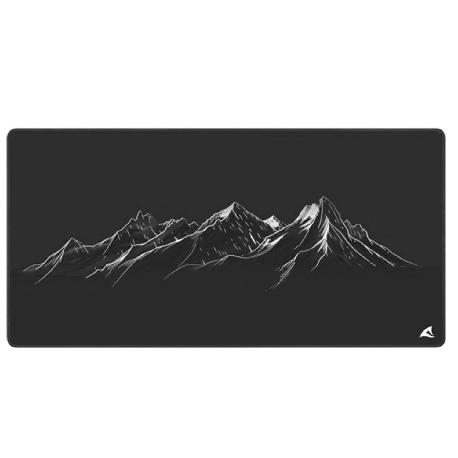 Schwarzes Mousepad mit weißer Strichzeichnung von Bergspitzen auf dunklem Hintergrund.