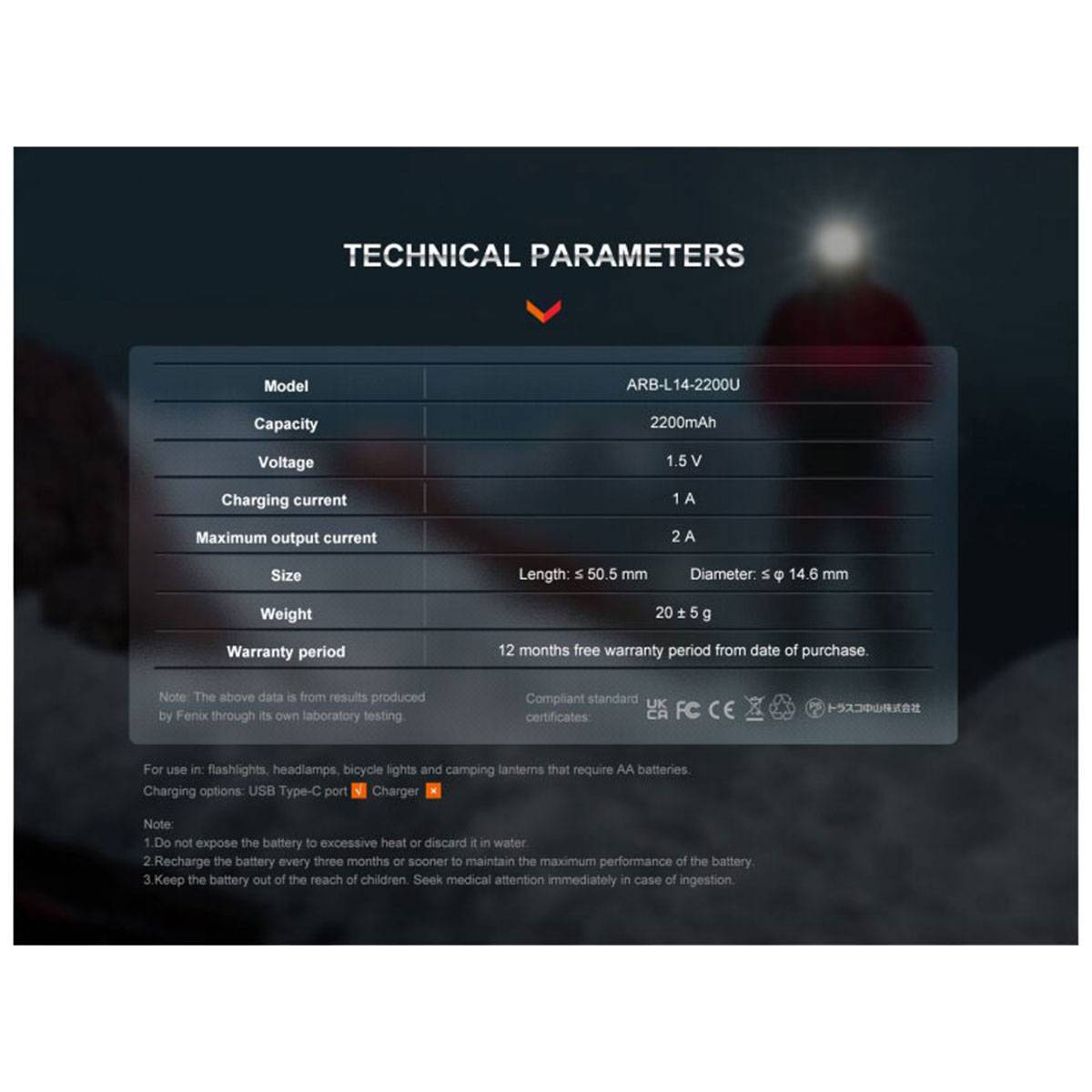 Fenix ARB-L14-2200U 14500 1,5V - geschützter AA Li-Ionen Akku mit USB