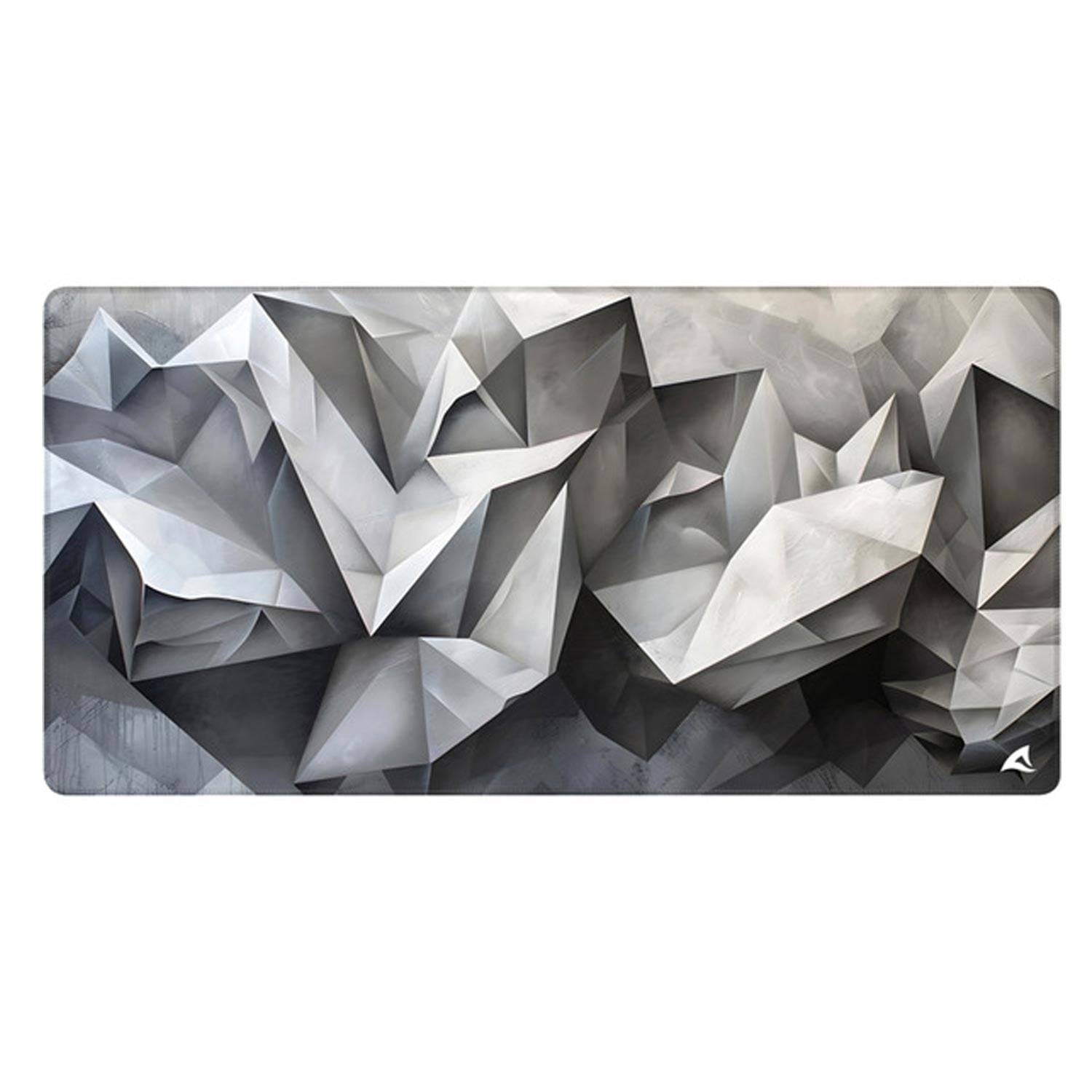 Abstrakte Kunstwerk in Graustufen mit gefalteten Polygonformen in einem rechteckigen Panel.