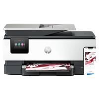 HP Multifunktionsdrucker mit Touchscreen, Papierfach und einem Smartphone, das einen Druckeinrichtungsbildschirm anzeigt.