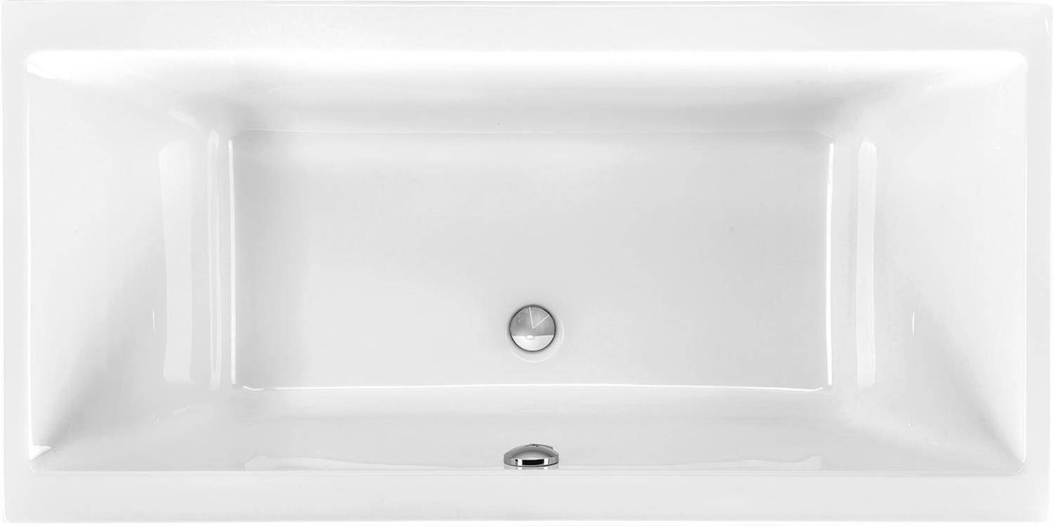 Draufsicht auf eine weiße rechteckige Badewanne mit verchromtem Abfluss und Überlaufabfluss.