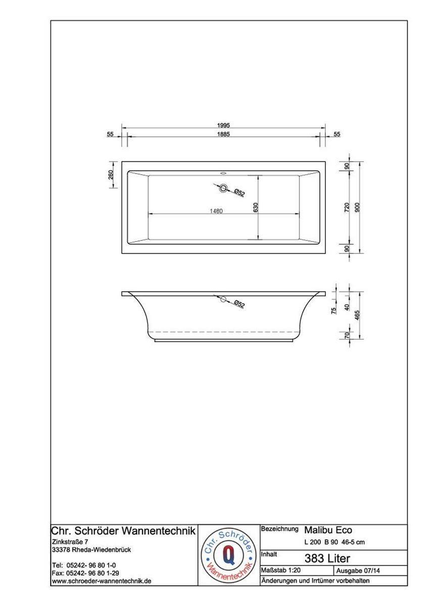 Technische Zeichnung einer rechteckigen Badewanne mit Draufsicht und Seitenansicht mit Abmessungen; gekennzeichnet mit „Malo Eco
