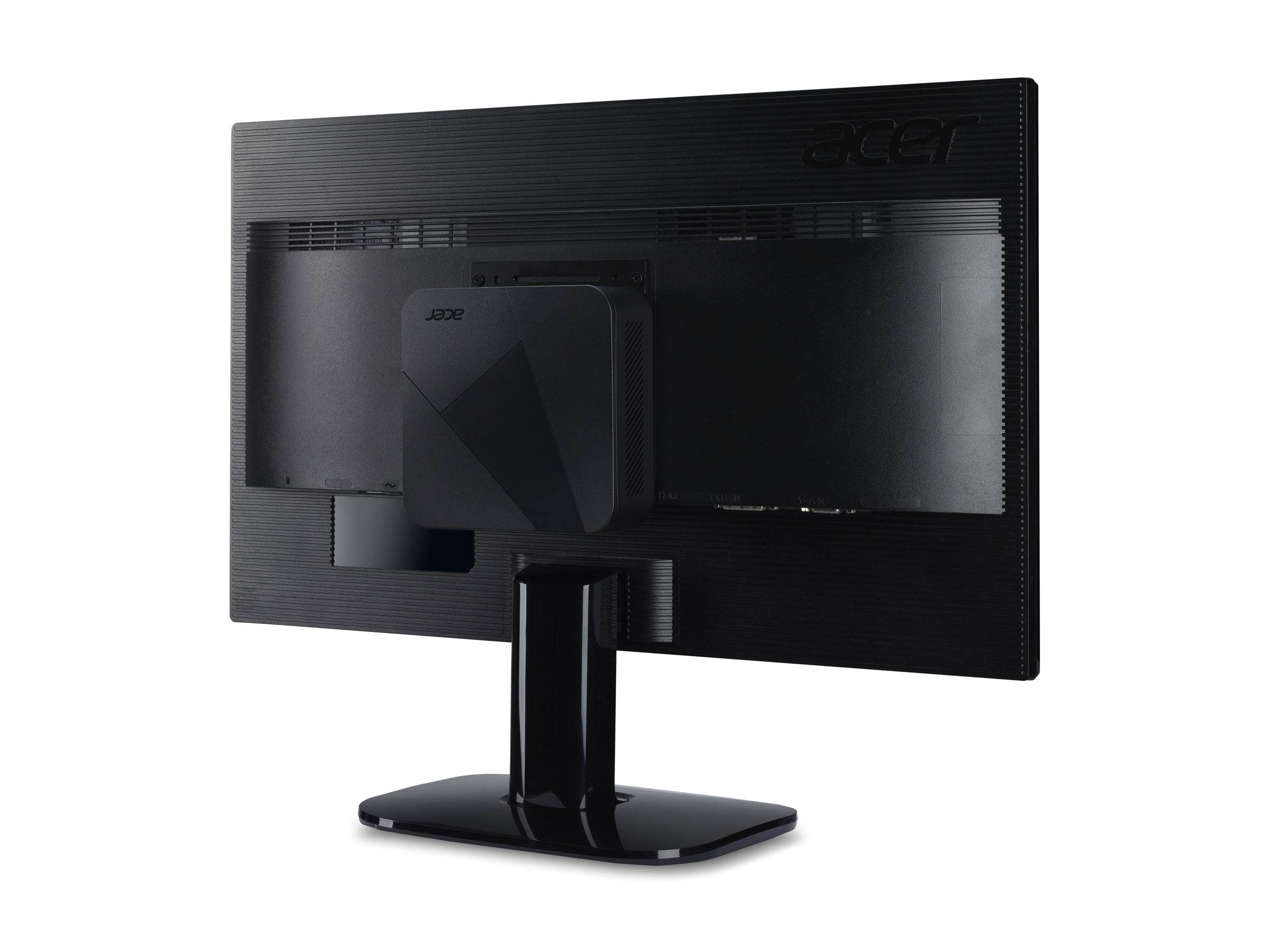 Rückansicht eines schwarzen Acer-Desktop-Monitors auf einem Ständer, der Anschlüsse und ein kleines quadratisches Gerät zeigt, das in der Mitte des Bildschirms montiert ist.