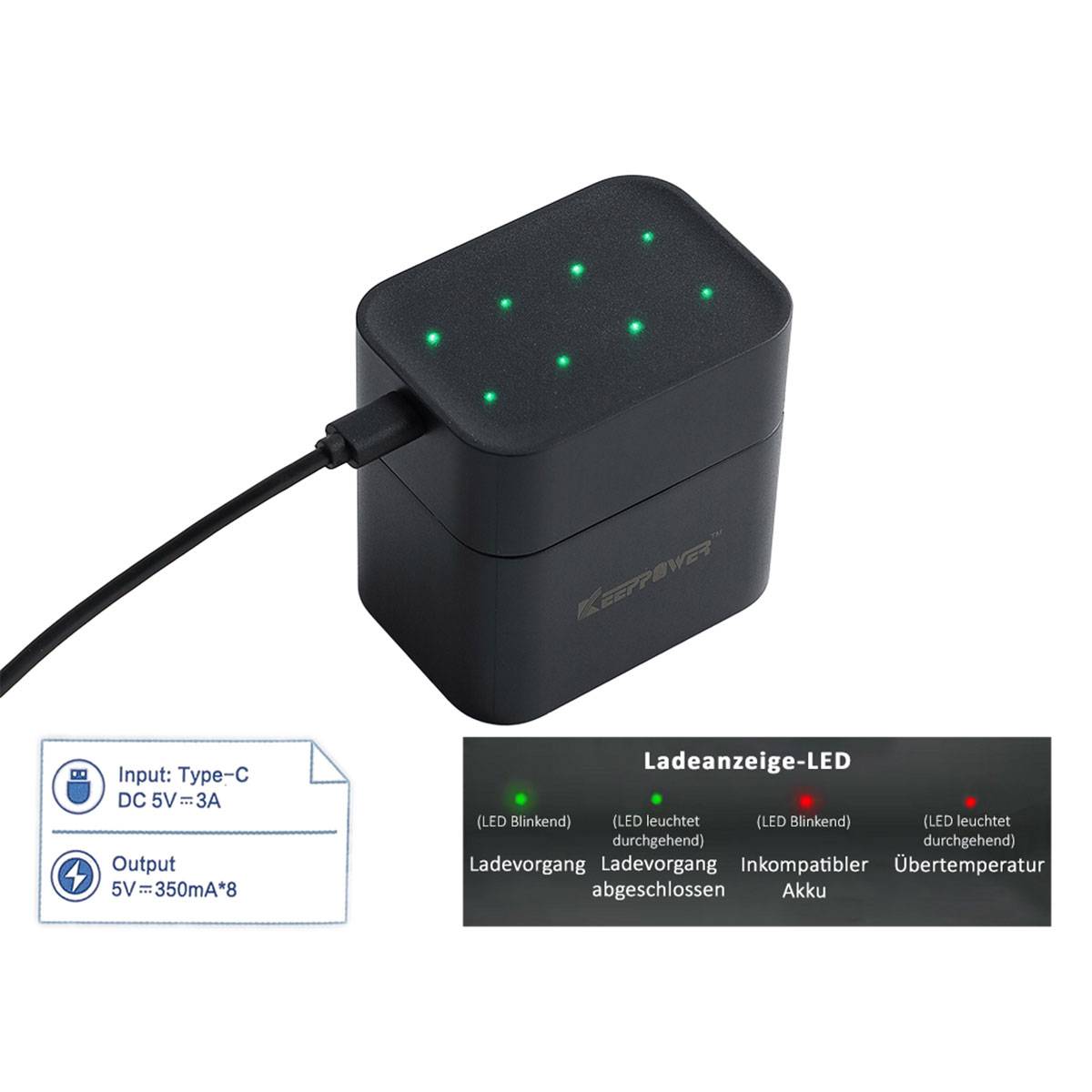 Keeppower I8 Ladegerät mit 8x 1,5V AA Li-Ionen-Akkus und USB-C-Eingang 3600mWh