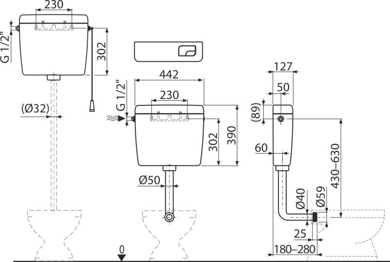 AlcaDrain Spülkasten A930-H-1/2" Dual-Spülung 3/6 Liter