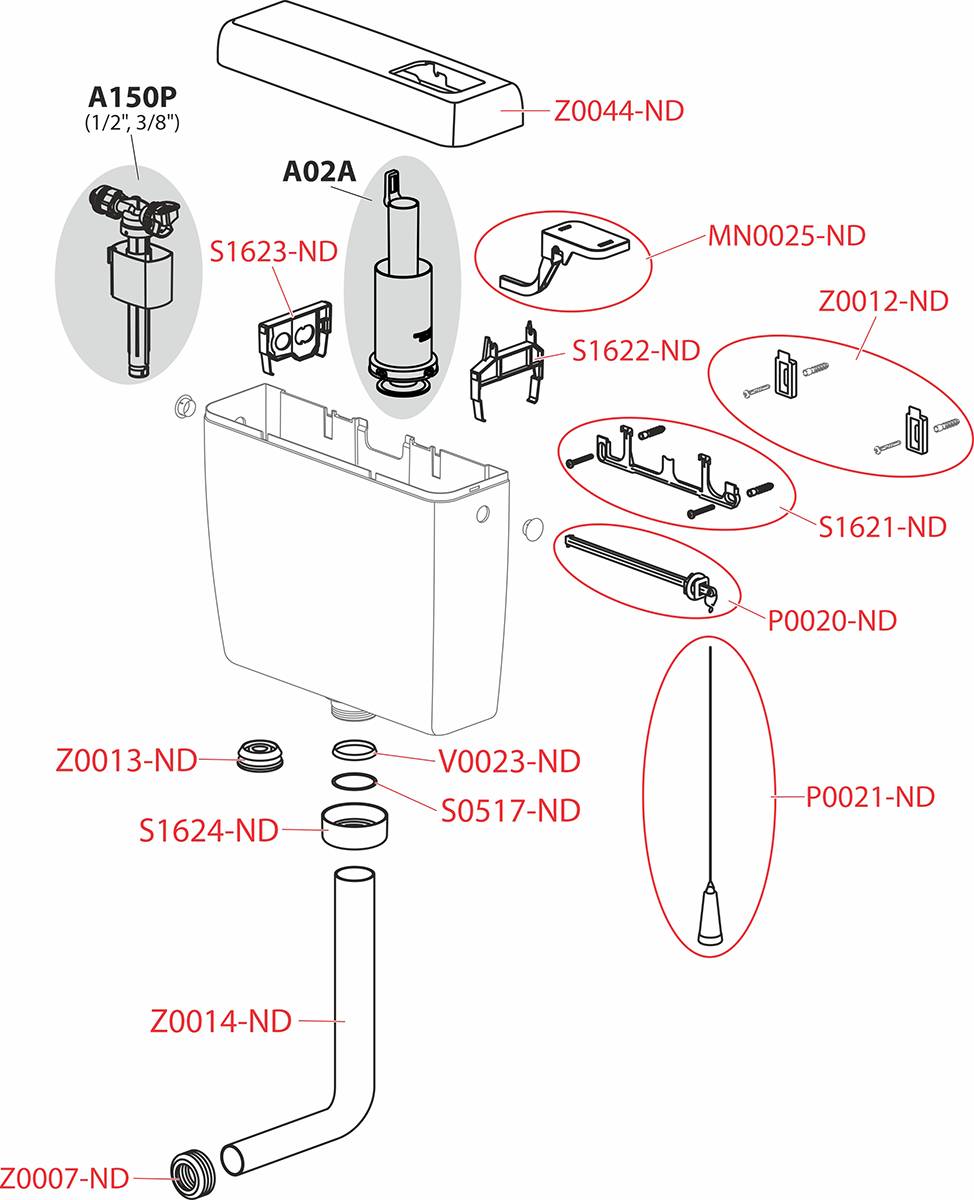 AlcaDrain Spülkasten A940-M-1/2" niedrig hängend Start/Stop Spülung