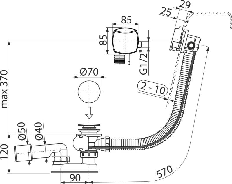 Alcadrain Badewanne Ab- und Überlaufgarnitur Automat mit einer Füllfunktion, Weiß-Glanz 80 cm