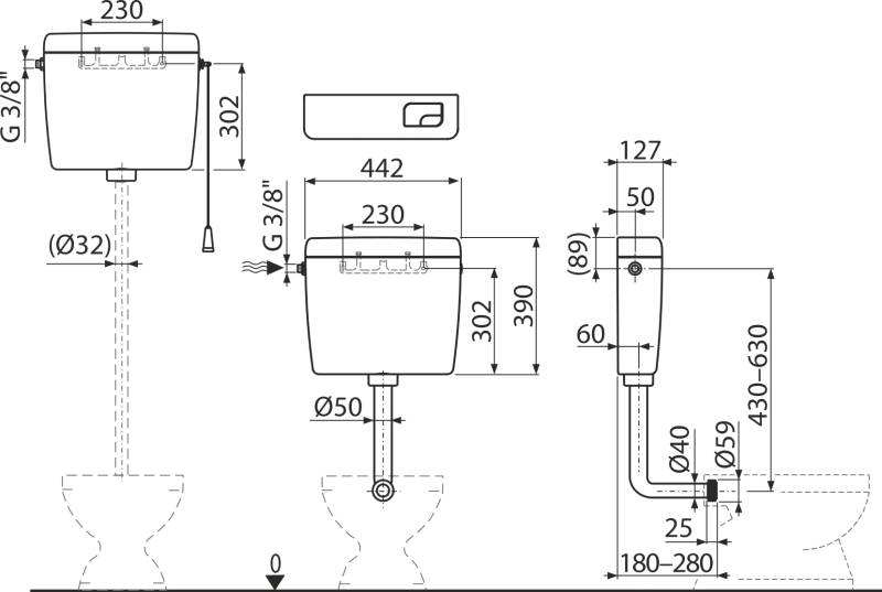 AlcaDrain Spülkasten A930-H-3/8" Dual-Spülung 3/6 Liter