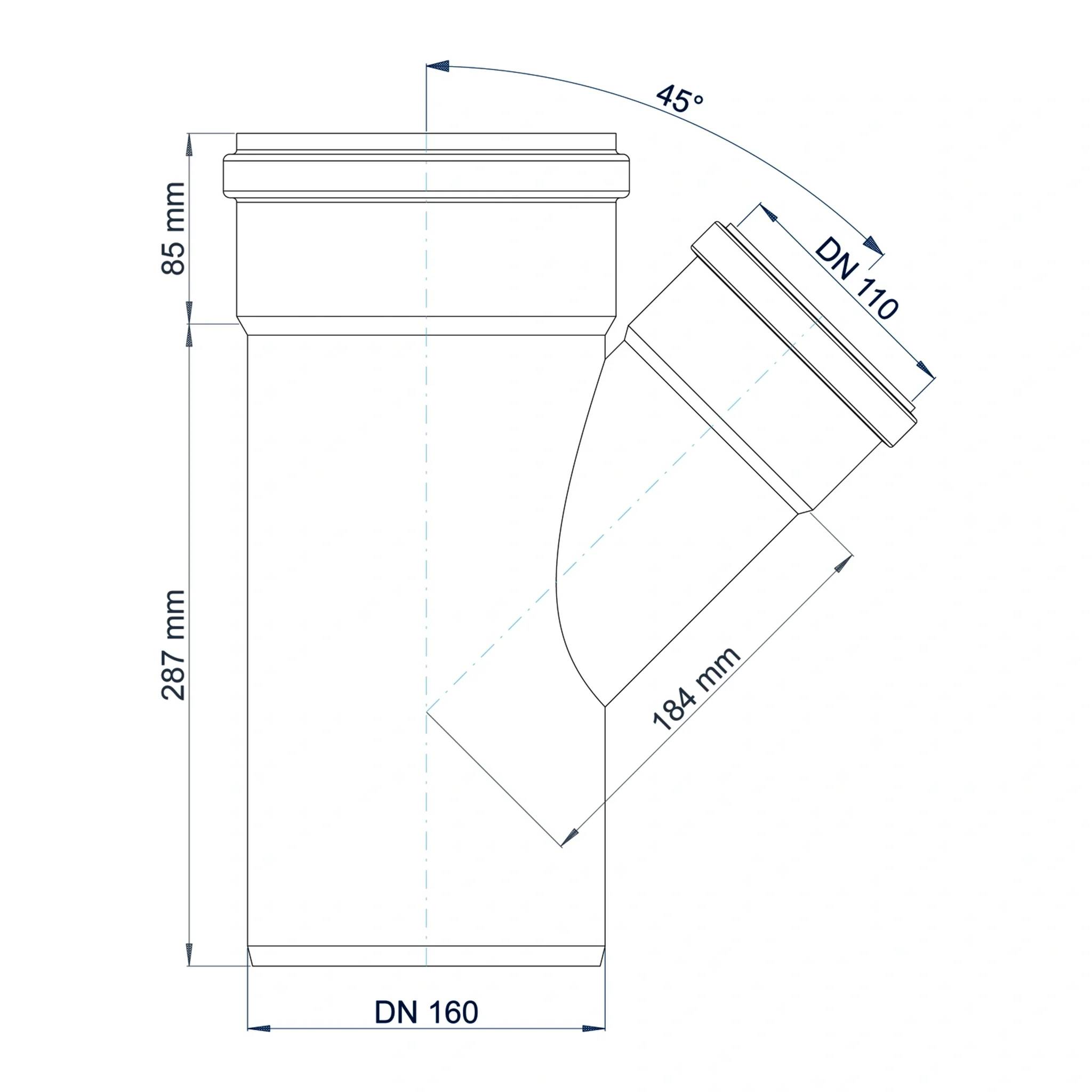 Technisches Schaubild einer Rohrarmatur: ein DN 160 vertikales Rohrstück mit einem DN 110 abgewinkelten Abzweig in 45°, mit den Maßangaben 85 mm, 287 mm und 184 mm.