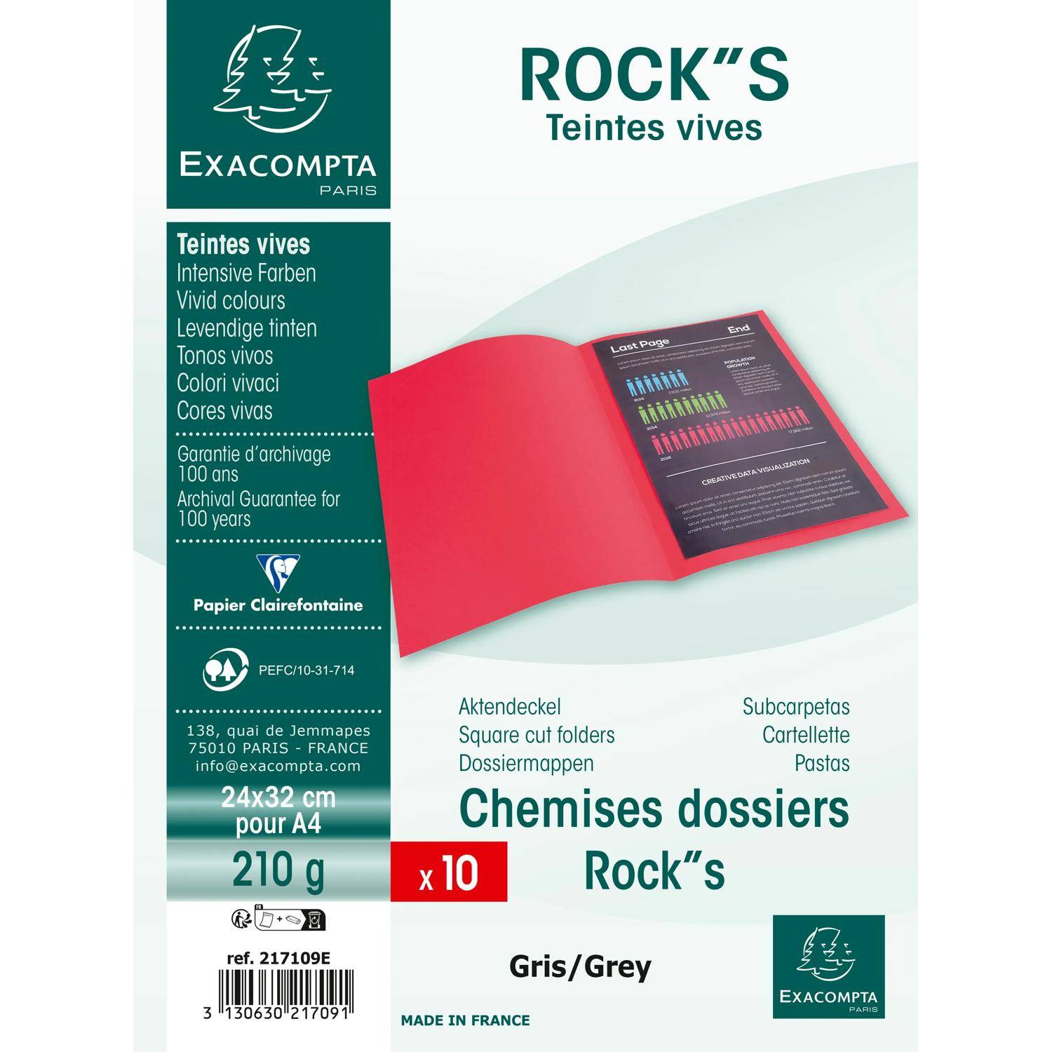 Exacompta 10x 10er Packung ROCK''S 210 24x32cm - Grau 217109E
