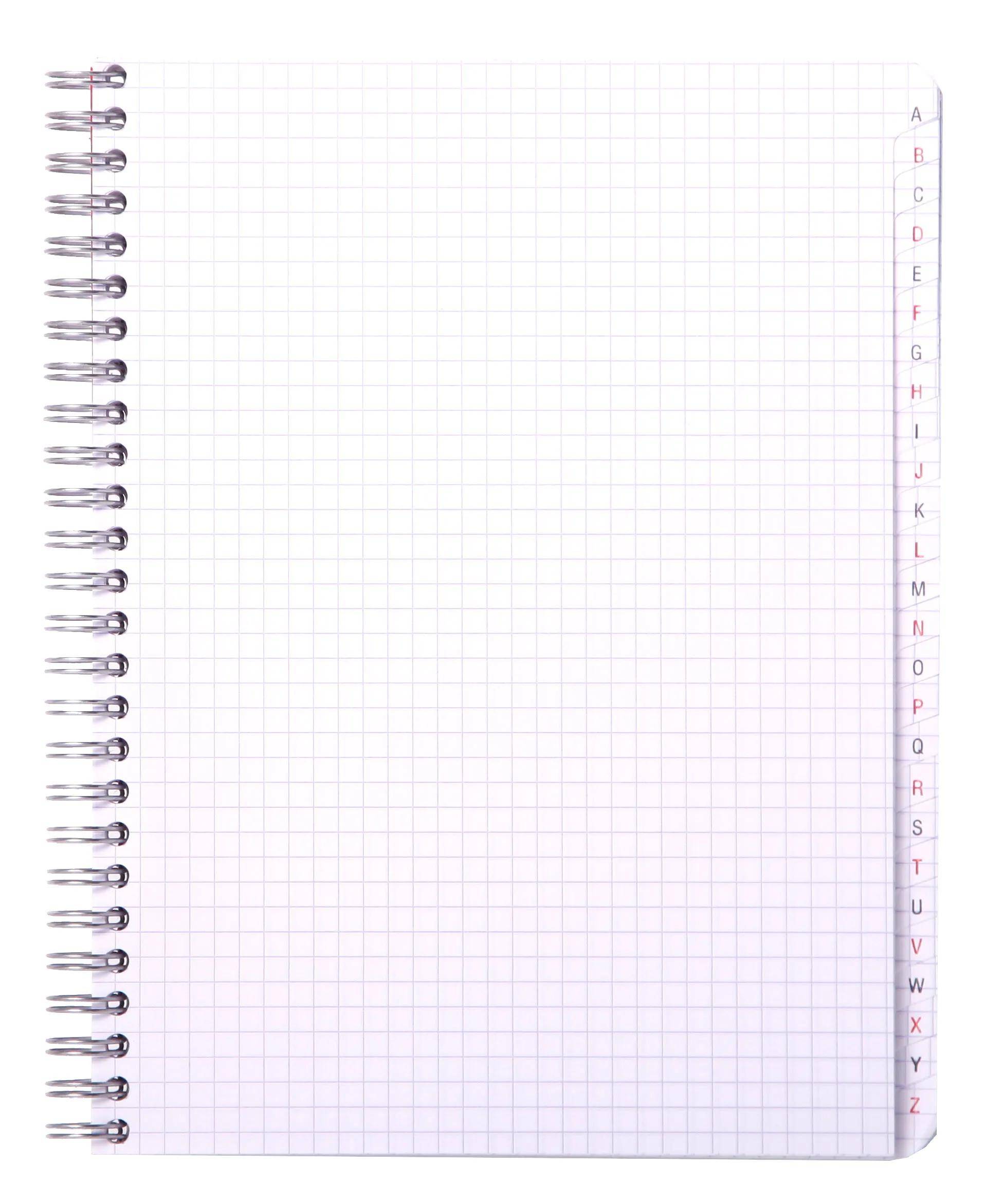 Spiralgebundenes Notizbuch mit Rastergitter und alphabetischem Register A–Z am rechten Rand.