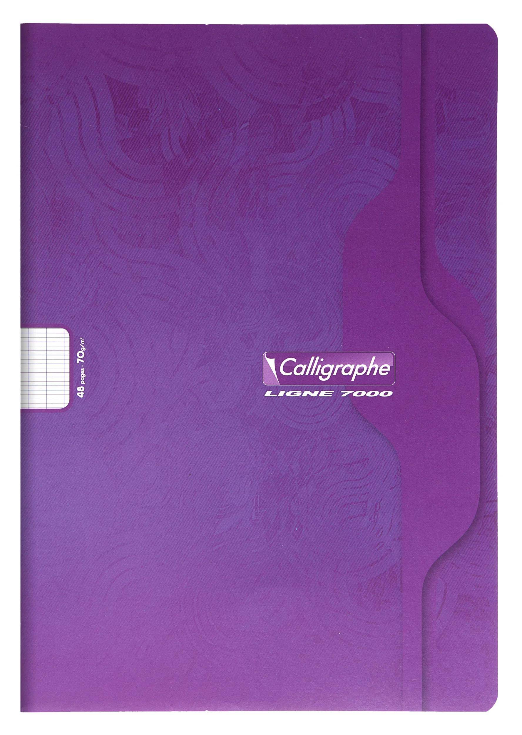 Violetter Notizbucheinband mit der Aufschrift 'Calligraphe LIGNE 7000', 48 linierte Seiten, 70g/m² Papier.