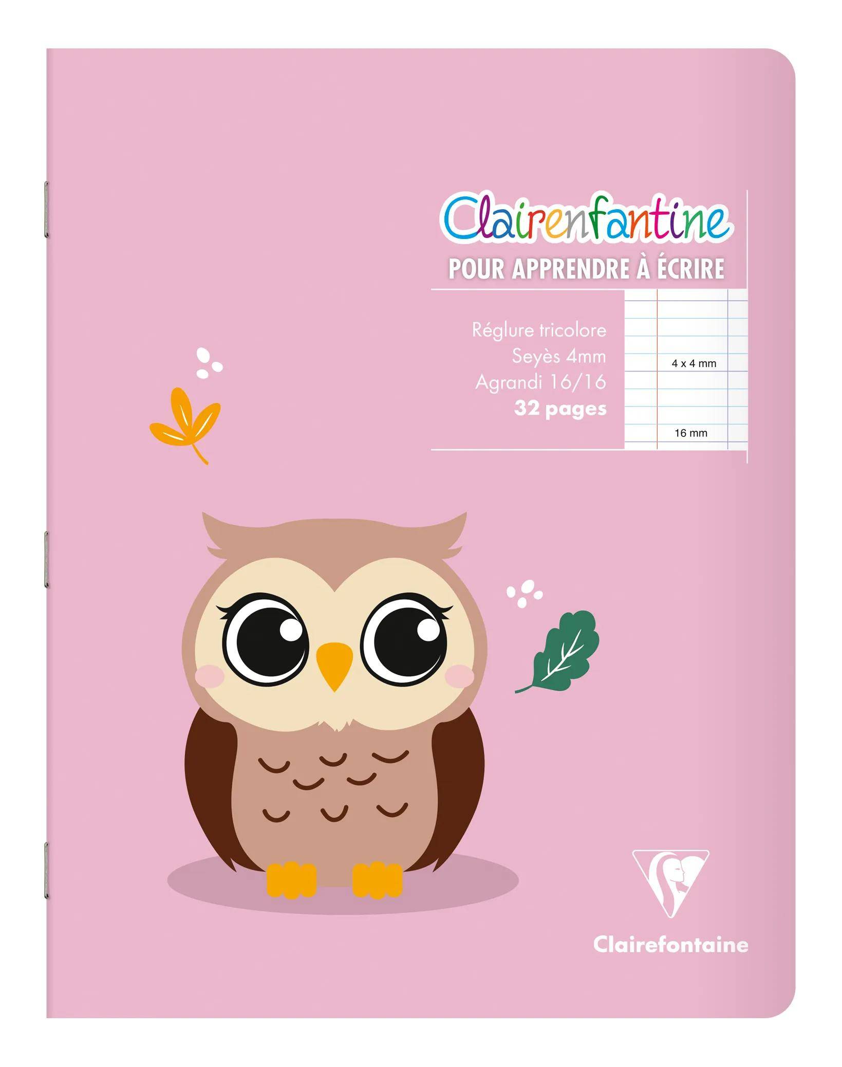 Eine illustrierte Eule auf rosa Hintergrund wird von dem Text „Clairefontaine pour apprendre à écrire