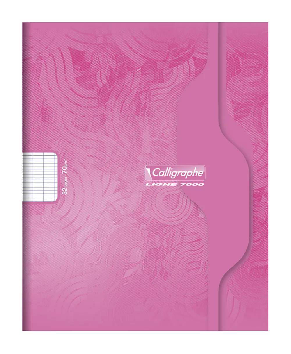 Calligraphe Ligne 7000' rosa Notizbuchcover mit strukturiertem abstraktem Design und einem kleinen karierten Bereich, der ein Papiergewicht von 70g anzeigt.