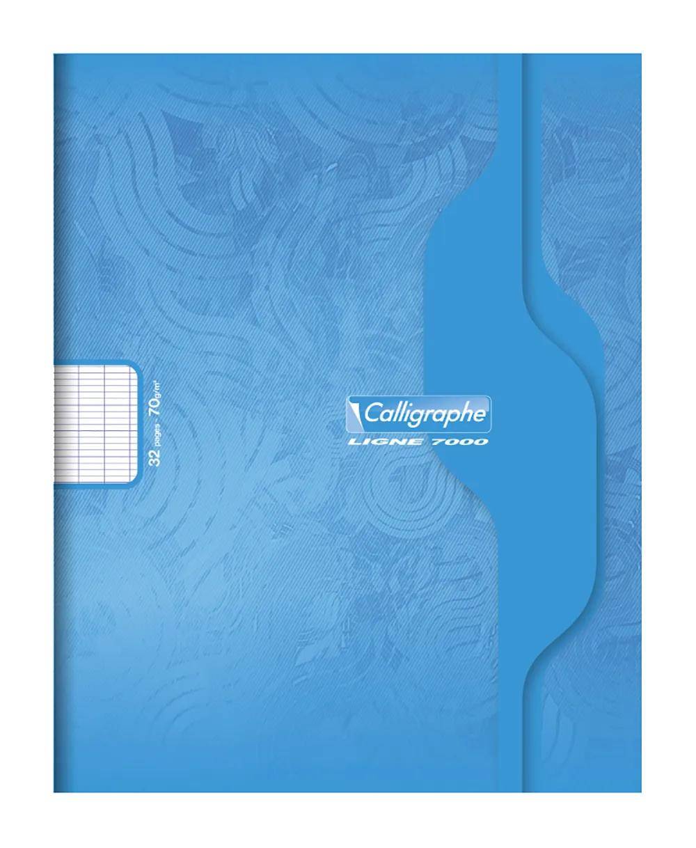 Ein blauer Notizbucheinband mit strukturiertem Muster. Die Marke „Calligraphe