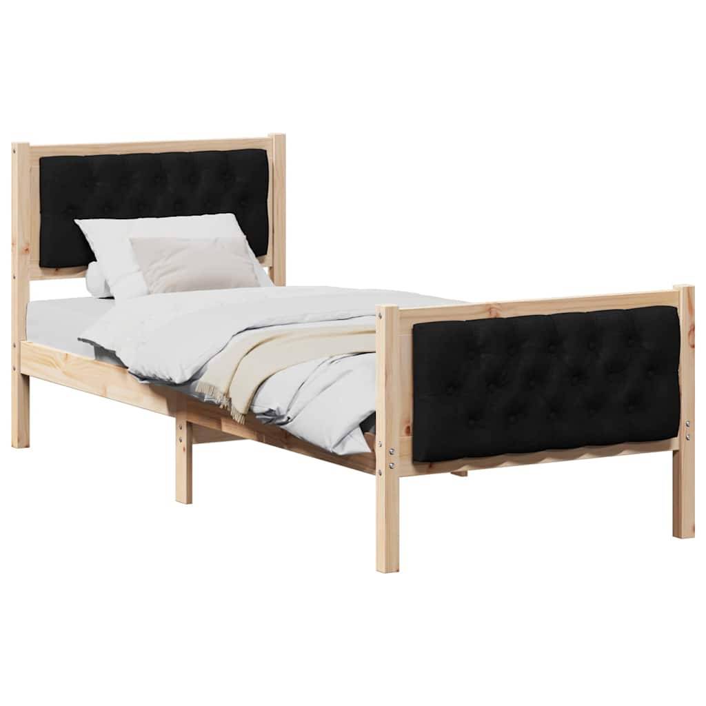 Einfacher Holzbettrahmen mit schwarzem gepolstertem Kopf- und Fußteil.