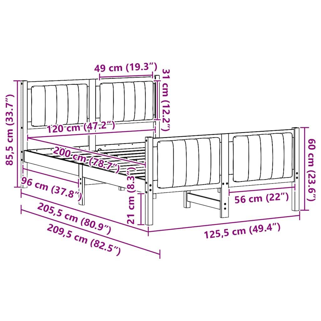 vidaXL Bettgestell Braun und Schwarz 120 x 200 cm Massivholz Kiefer