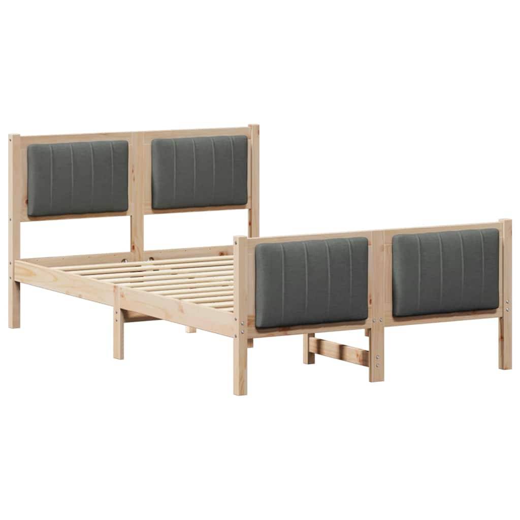 Ein Holzbettgestell mit gepolsterten grauen Paneelen am Kopf- und Fußteil, das ein modernes, minimalistisches Design ohne Matratze zeigt.