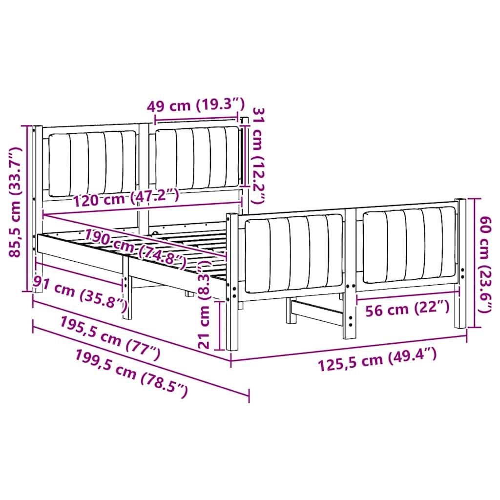 vidaXL Bettgestell Braun und Schwarz 120 x 190 cm Massivholz Kiefer