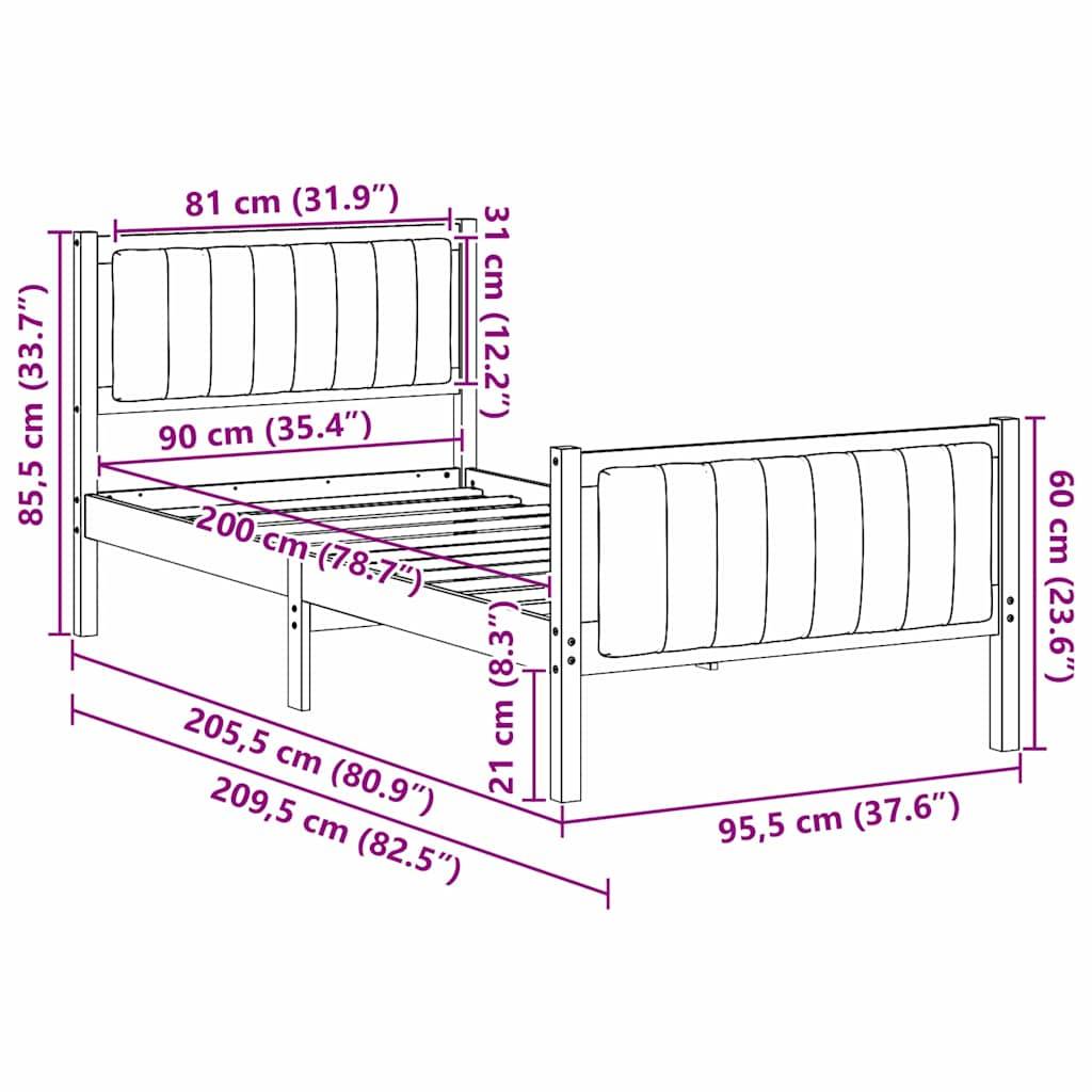 vidaXL Bettgestell Weiß und Hellgrau 90 x 200 cm Massivholz Kiefer