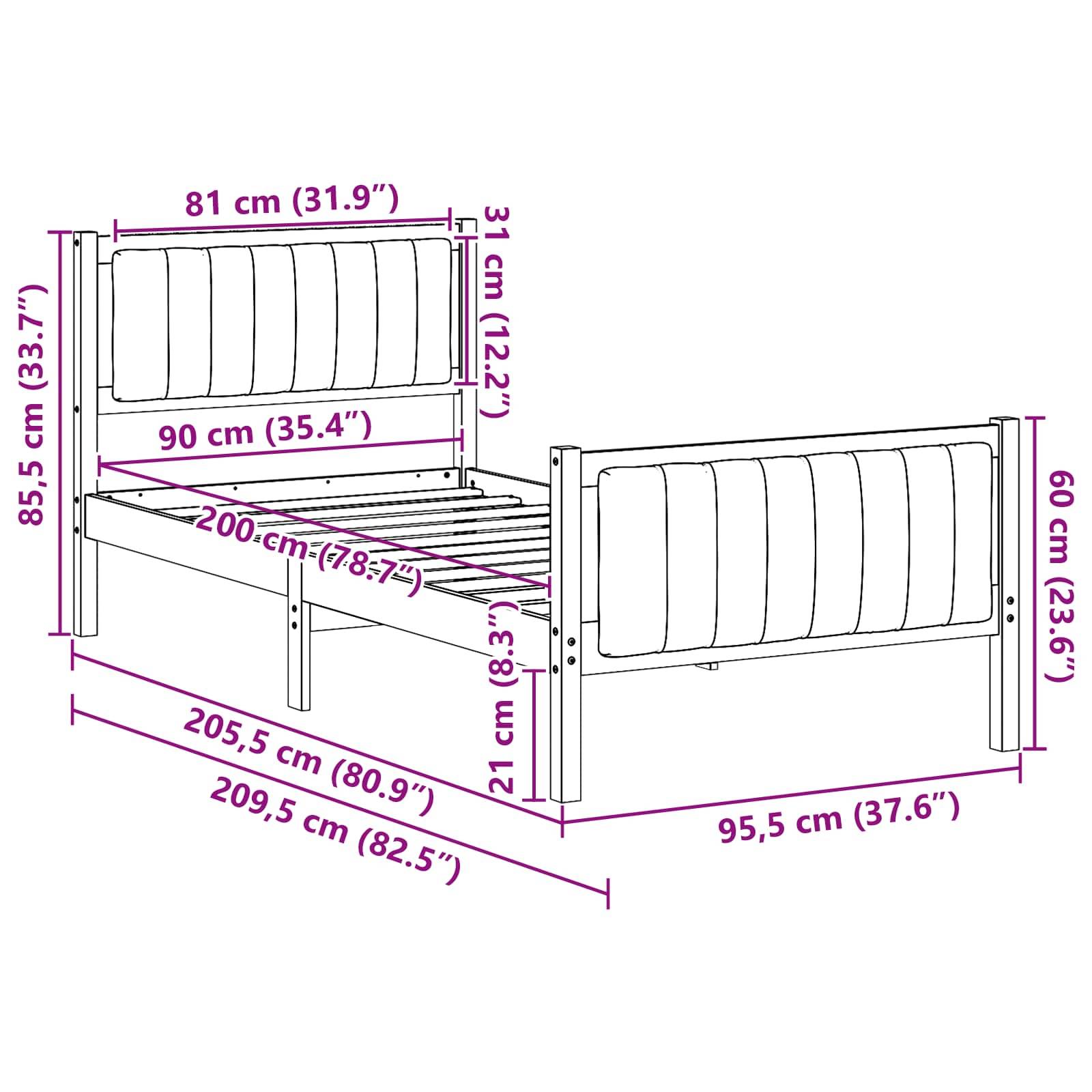 Bettgestell mit gepolstertem Kopf- und Fußteil. Abmessungen: Länge 205,5 cm, Breite 95,5 cm, Höhe 85,5 cm, Betthöhe 21 cm.