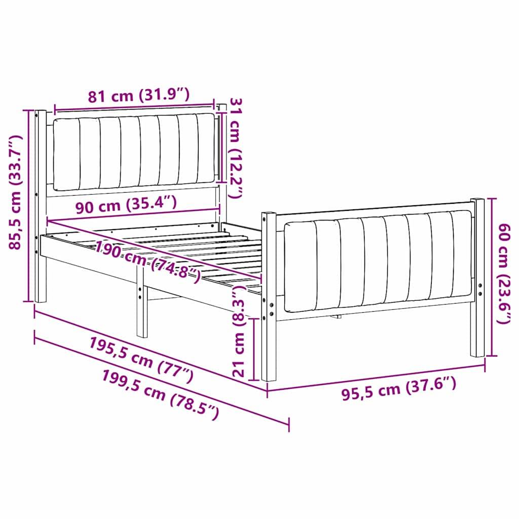 vidaXL Bettgestell Braun und Schwarz 90 x 190 cm Massivholz Kiefer