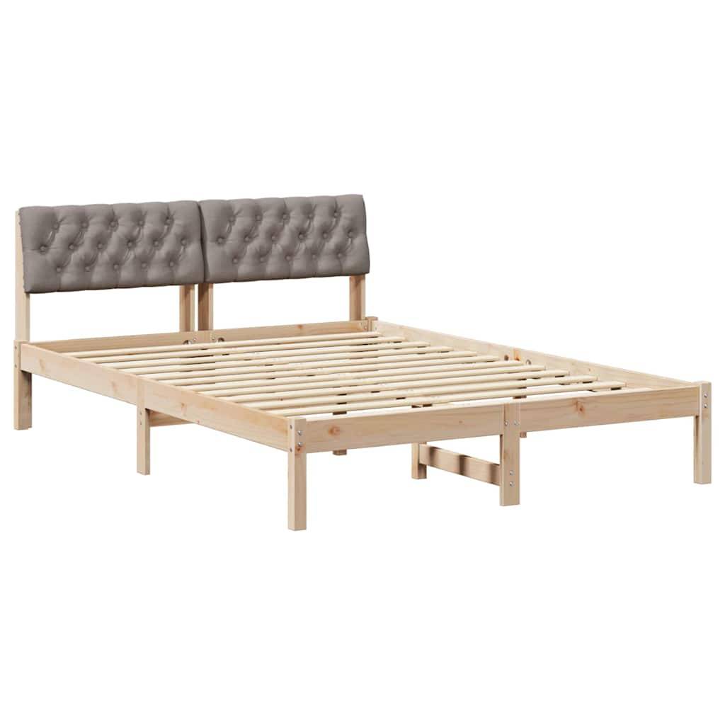 Ein Holzbettgestell mit Lattenrost und grau gepolstertem Kopfteil mit Knopfpolsterung. Keine Matratze vorhanden.