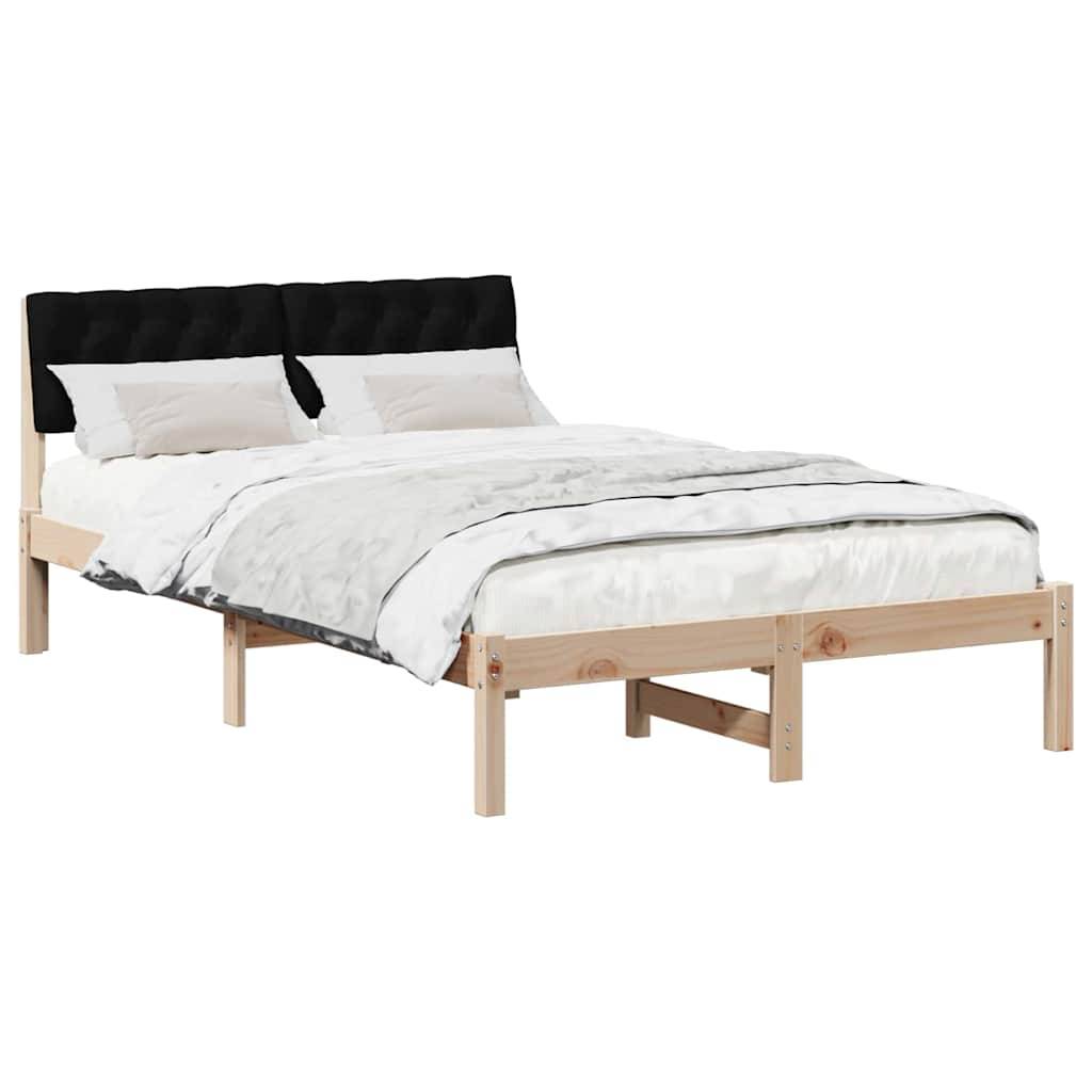 Ein Holzbettgestell mit einem schwarzen gepolsterten Kopfteil, weiß-grauer Bettwäsche und zwei Kissen, vor einem weißen Hintergrund präsentiert.