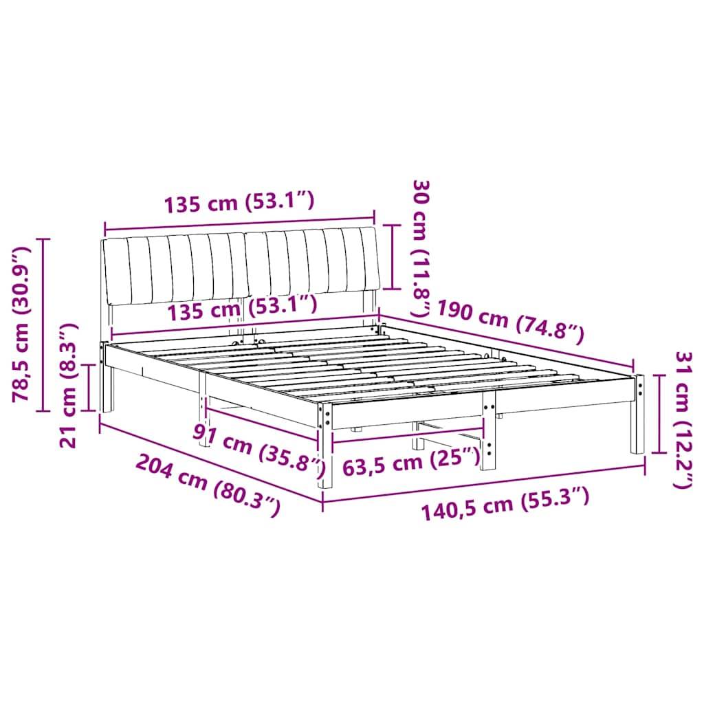 vidaXL Bettgestell Braun und Dunkelgrau 135 x 190 cm Massivholz Kiefer