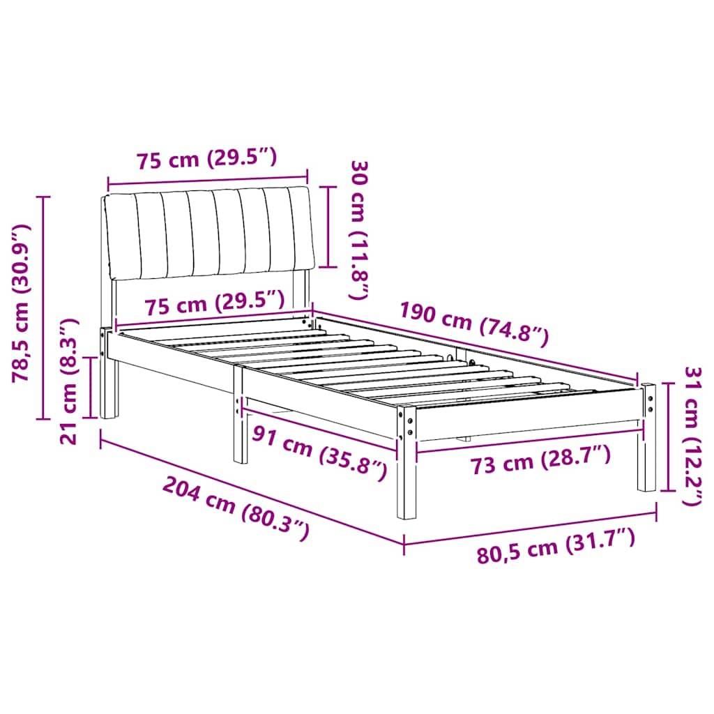vidaXL Bettgestell Braun und hellgrau 75 x 190 cm Massivholz Kiefer