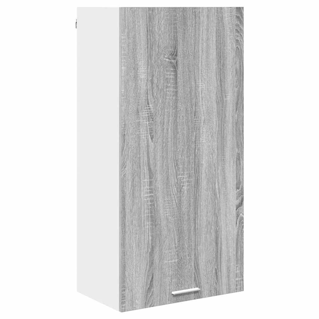 Ein weißer, hölzerner Wandschrank mit einer strukturierten grauen Tür und einem silbernen Griff, geeignet für Badezimmer- oder Küchenspeicherung.