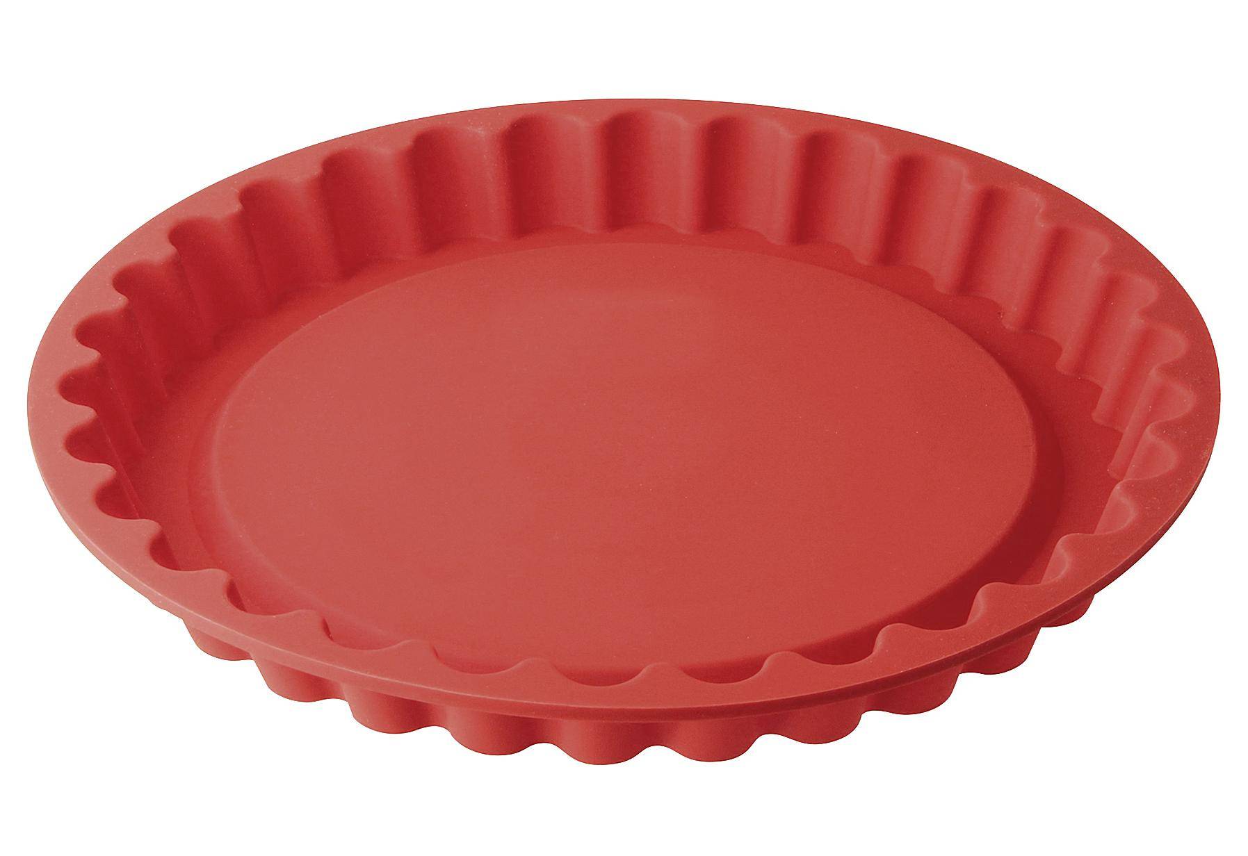 Eine rote, aus Silikon gefertigte, gerillte Tarteform mit runder Form und welliger Kante, geeignet zum Backen von Gebäck oder Torten.